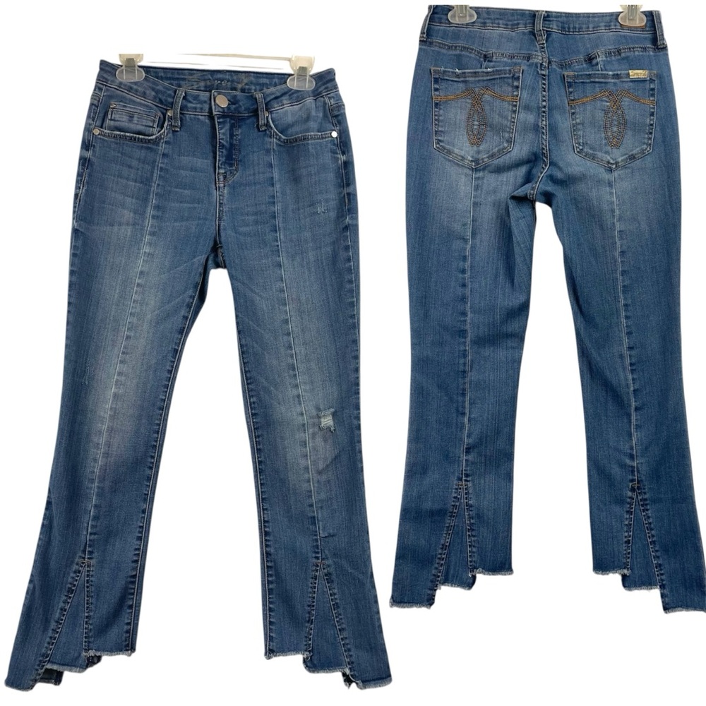 Seven 7 Jeans Seamed Crop Kick Flare 4 Blue Asymmetrical Fray Classic Basic